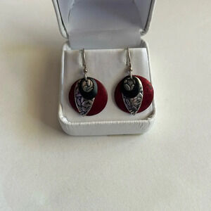 3/$20 Silver Tone Red Designed Dangling 3 Piece Circular Earrings